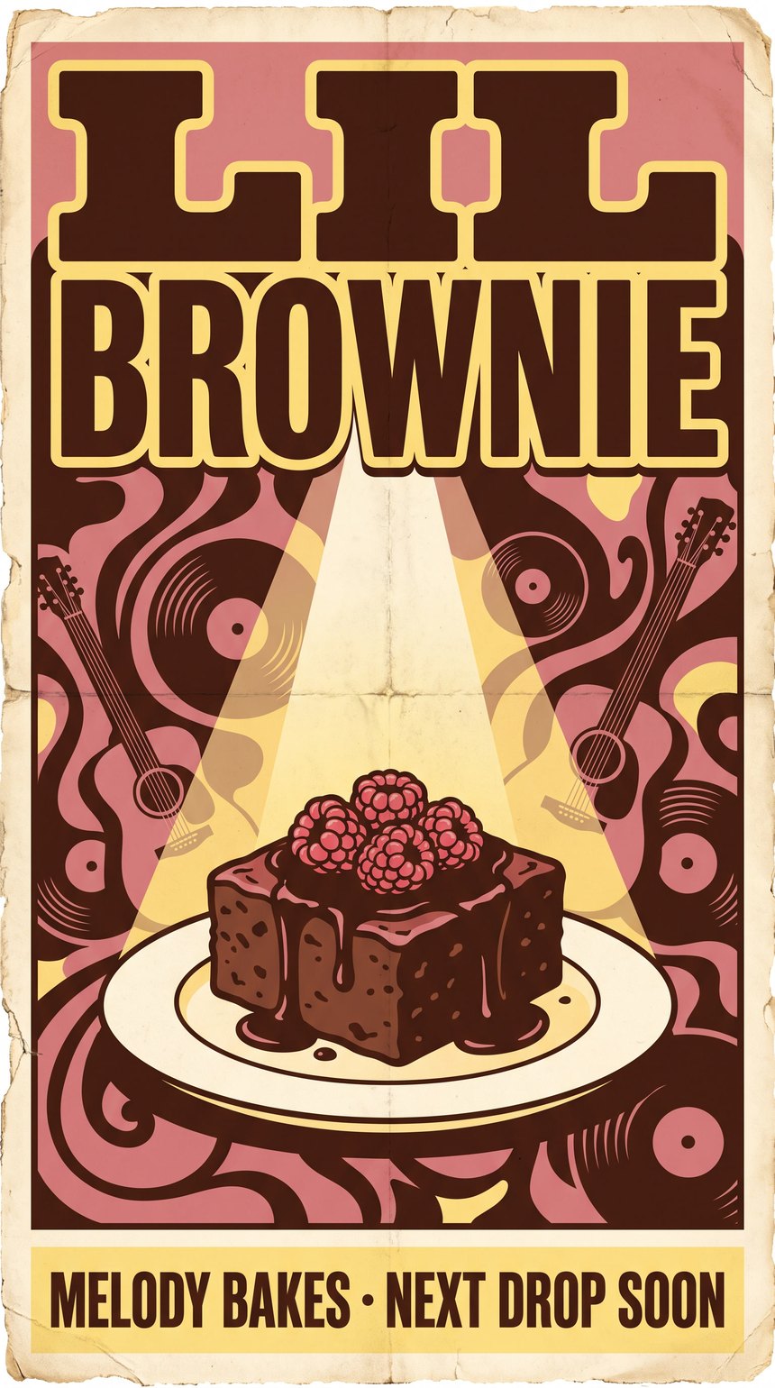 A concert style poster for The Lil Brownie by Melody Bakes
